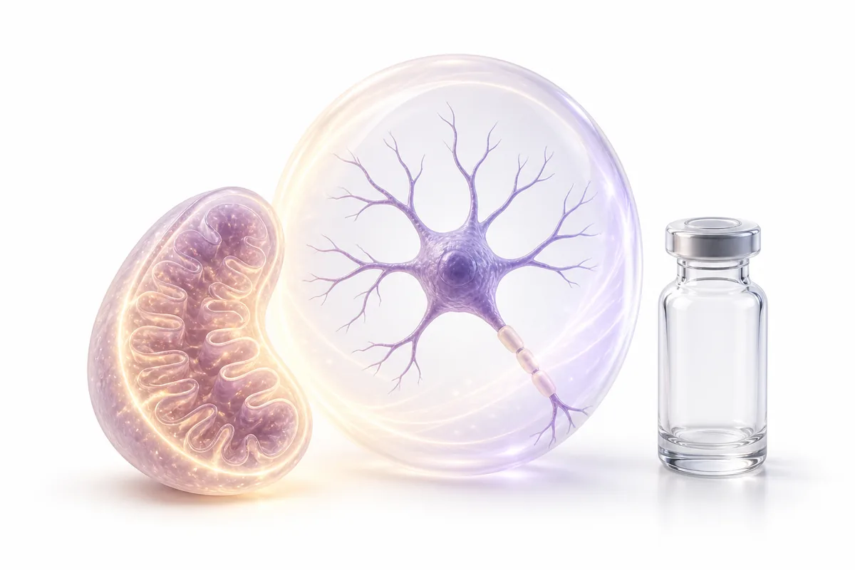 A glowing mitochondrion shielding a neuron beside a vial, illustrating the humanin mitochondrial-derived peptide