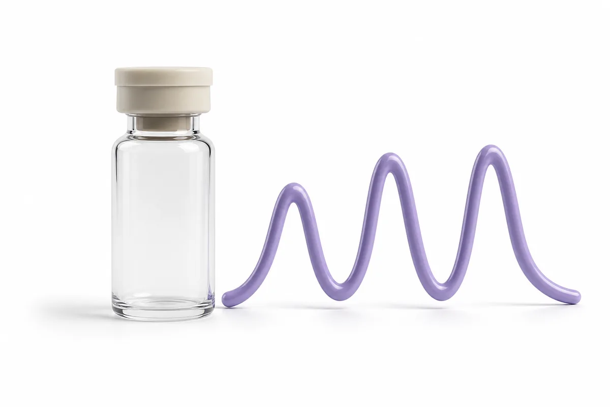 A peptide vial beside three rising pulse peaks, illustrating ipamorelin pulsatile growth hormone release