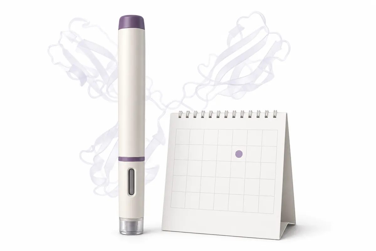 A single monthly injection pen beside a peptide chain linked to an antibody Y-shape, illustrating MariTide as a peptide-antibody conjugate