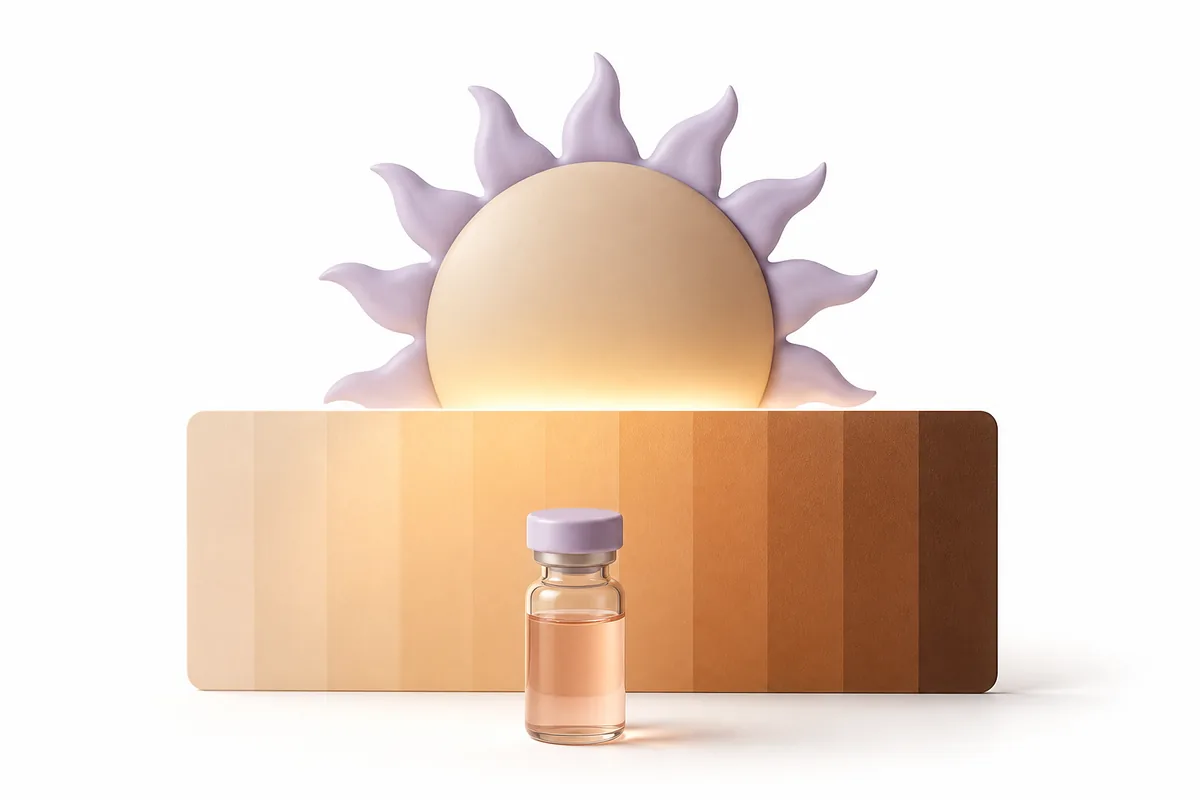 A sun above a deepening skin-tone gradient with a vial, illustrating Melanotan II melanocortin tanning research
