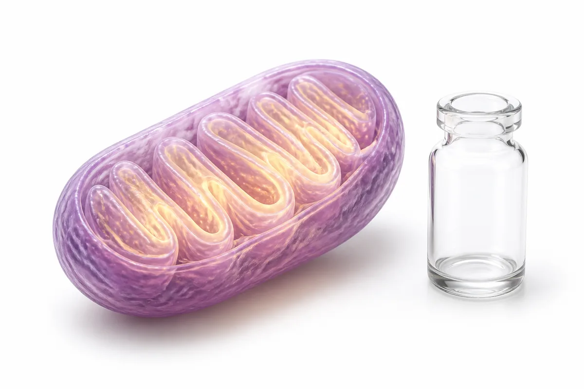 A glowing mitochondrion beside a clear vial, illustrating the MOTS-c mitochondrial-derived peptide