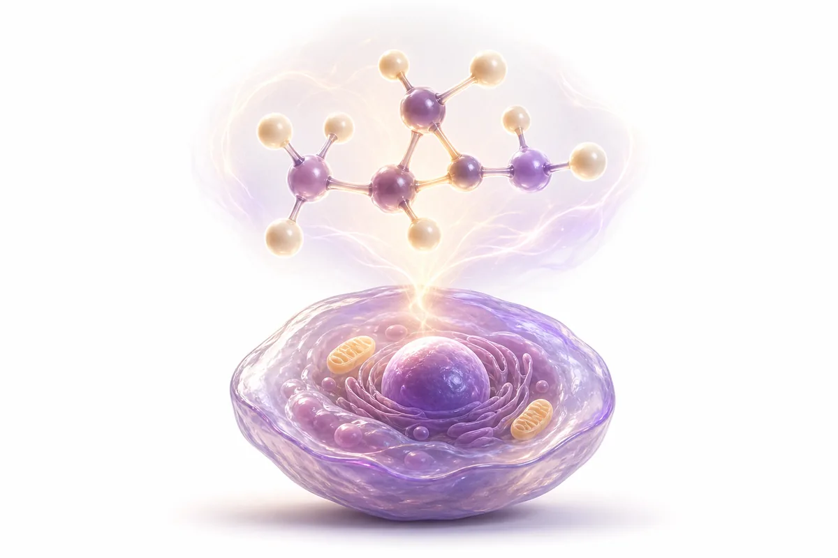 A glowing molecular structure above a cell, illustrating NAD+ as a coenzyme for cellular energy