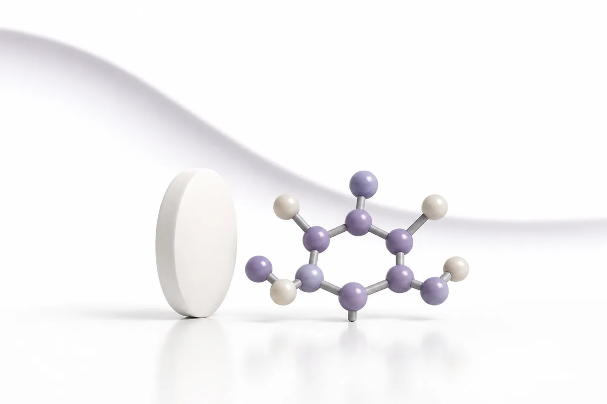 A white oral tablet beside a small-molecule ball-and-stick structure, no vial, illustrating orforglipron as a non-peptide oral GLP-1