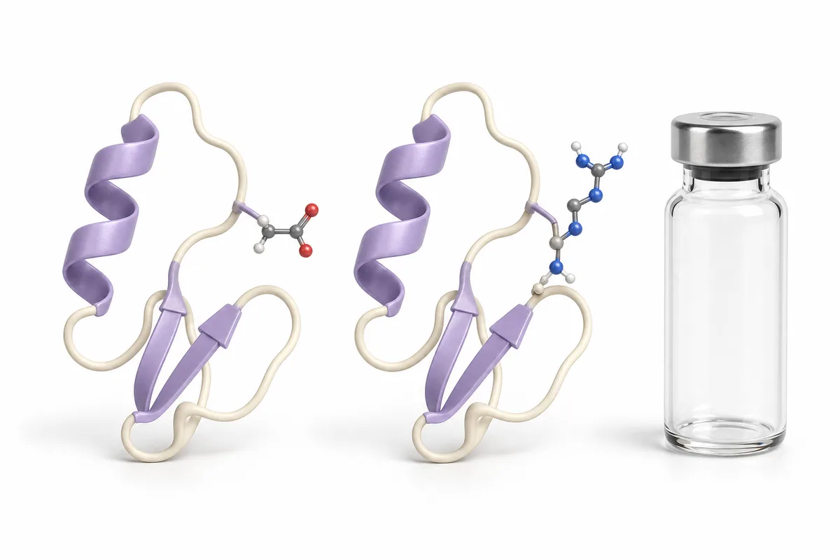 Two peptide vials side by side labeled arginate and acetate salt illustrating PDA versus BPC-157