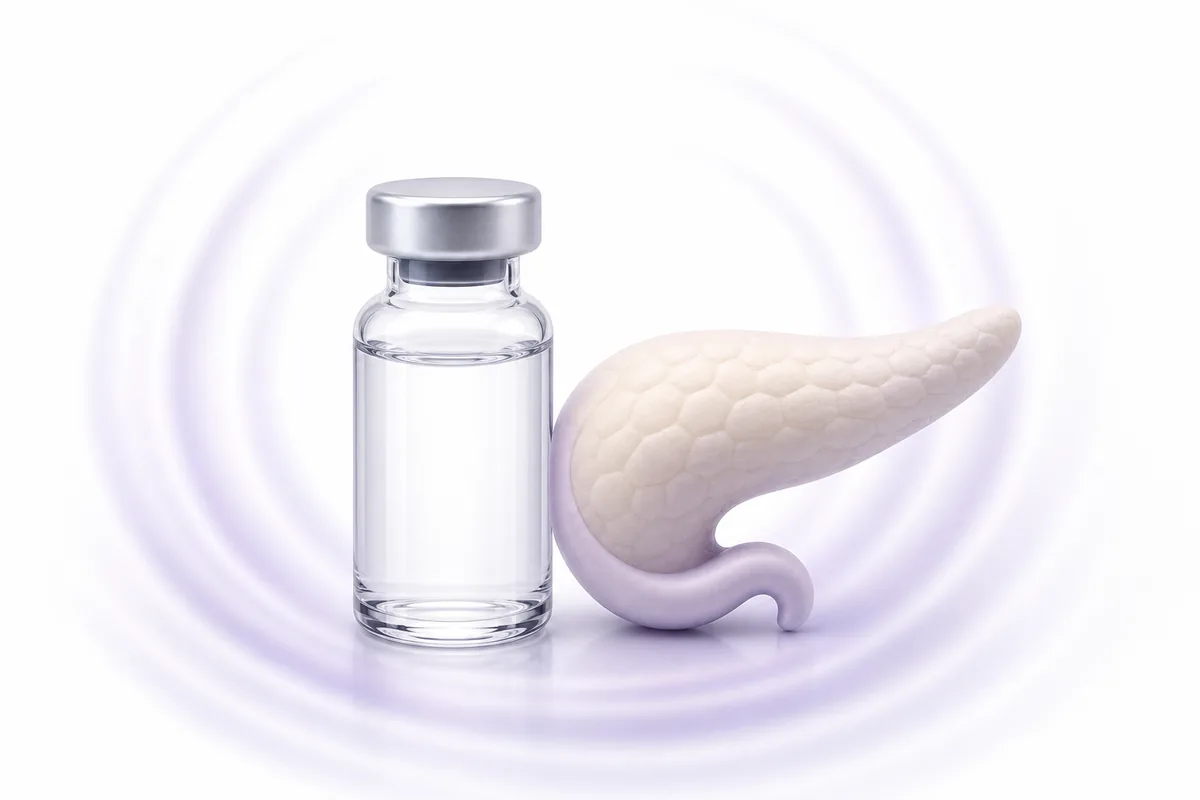 A peptide vial beside a stylized pancreas with a satiety wave, illustrating petrelintide as an amylin analog