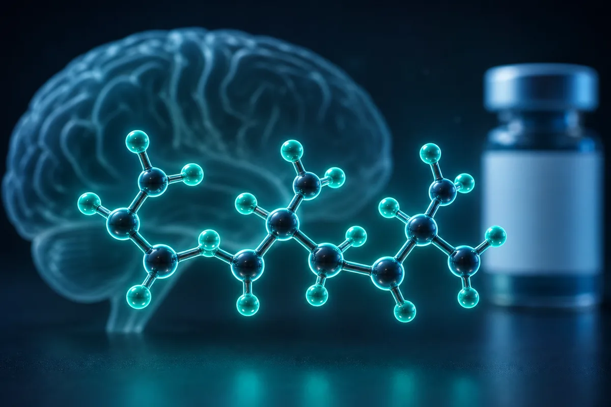 Molecular illustration of the Pinealon EDR tripeptide alongside a brain motif and research vial.