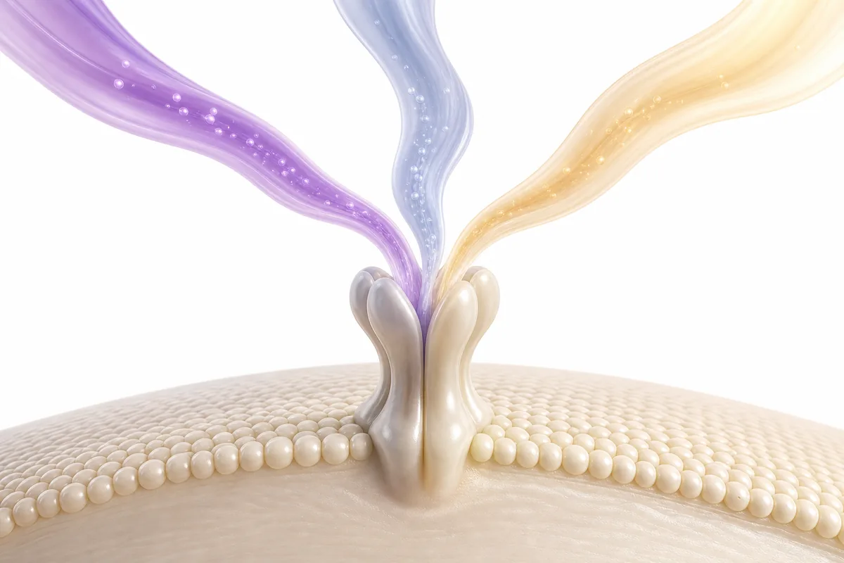 Three pathways converging on one receptor, illustrating retatrutide triple GIP, GLP-1 and glucagon agonism