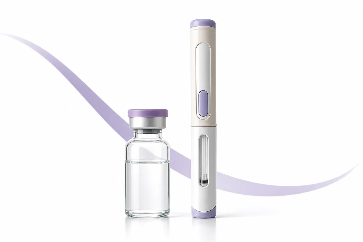 A peptide vial beside an injector pen with a descending appetite curve, illustrating semaglutide GLP-1 research
