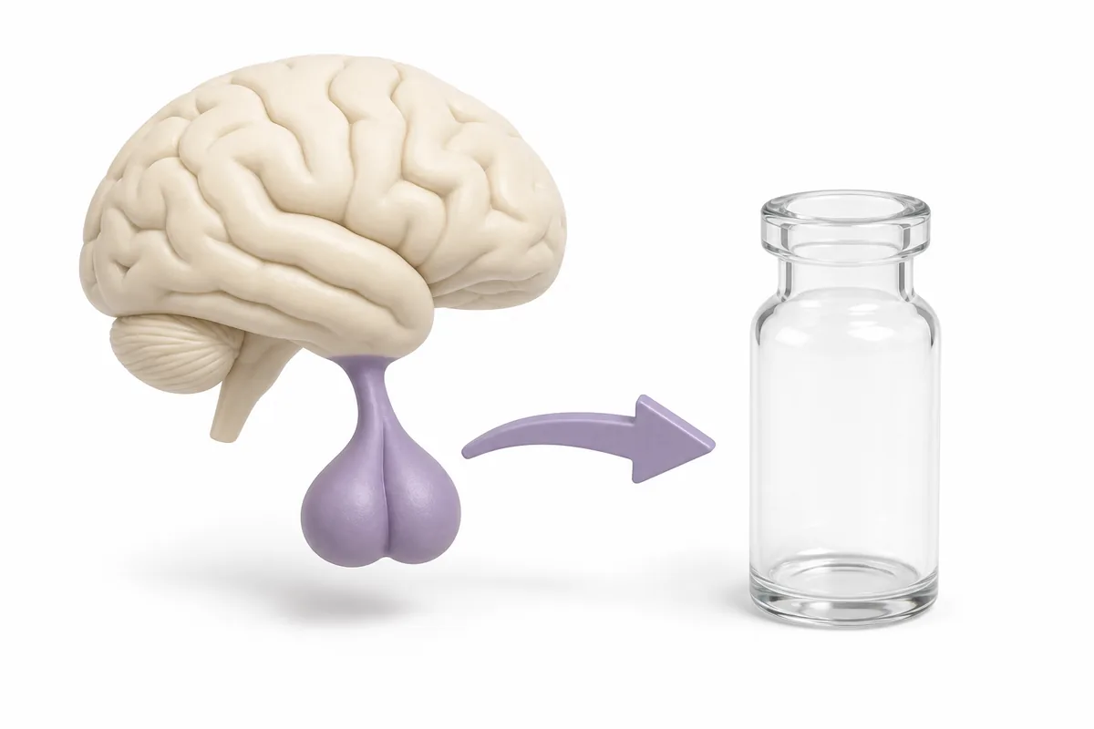 A pituitary gland beneath a brain signalling to a vial, illustrating sermorelin as a GHRH analog