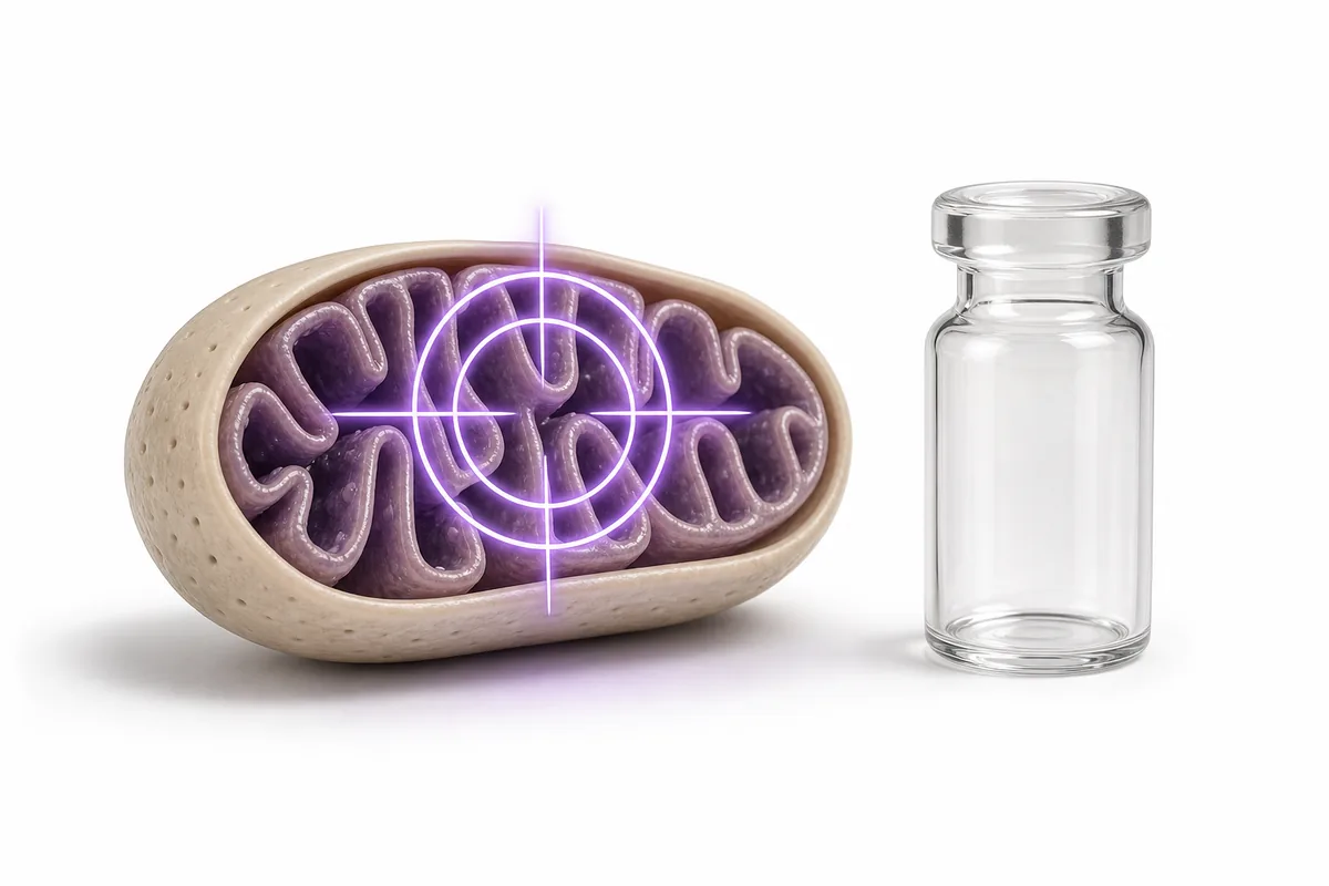 A mitochondrion with a targeting reticle beside a vial, illustrating SS-31 elamipretide mitochondrial targeting