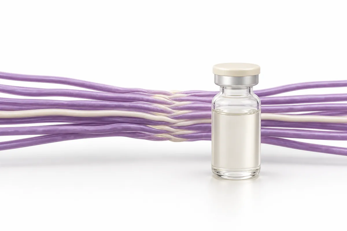 Actin filaments knitting across a gap beside a vial, illustrating TB-500 thymosin beta-4 tissue repair