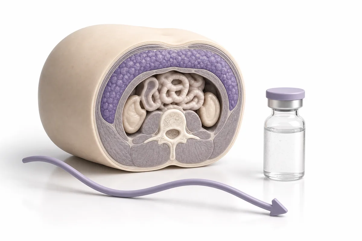 An abdominal cross-section with receding visceral fat beside a vial, illustrating tesamorelin research