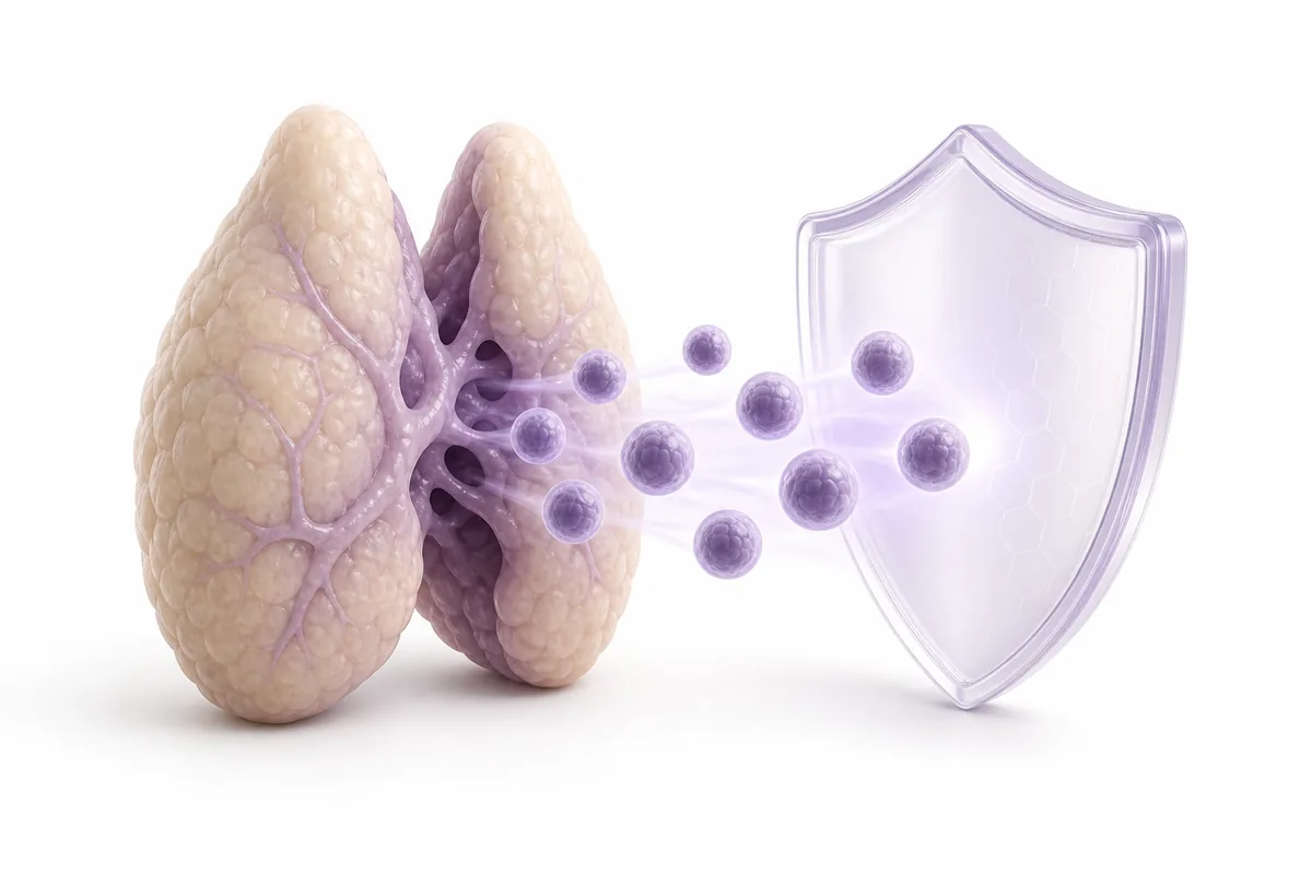 A thymus gland releasing T-cells toward a protective shield, illustrating thymosin alpha-1 immune modulation