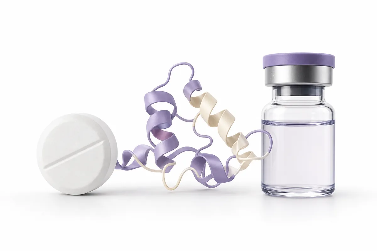 An oral tablet beside a subcutaneous pen, illustrating VK2735 as a GLP-1/GIP dual agonist developed in both oral and injectable forms