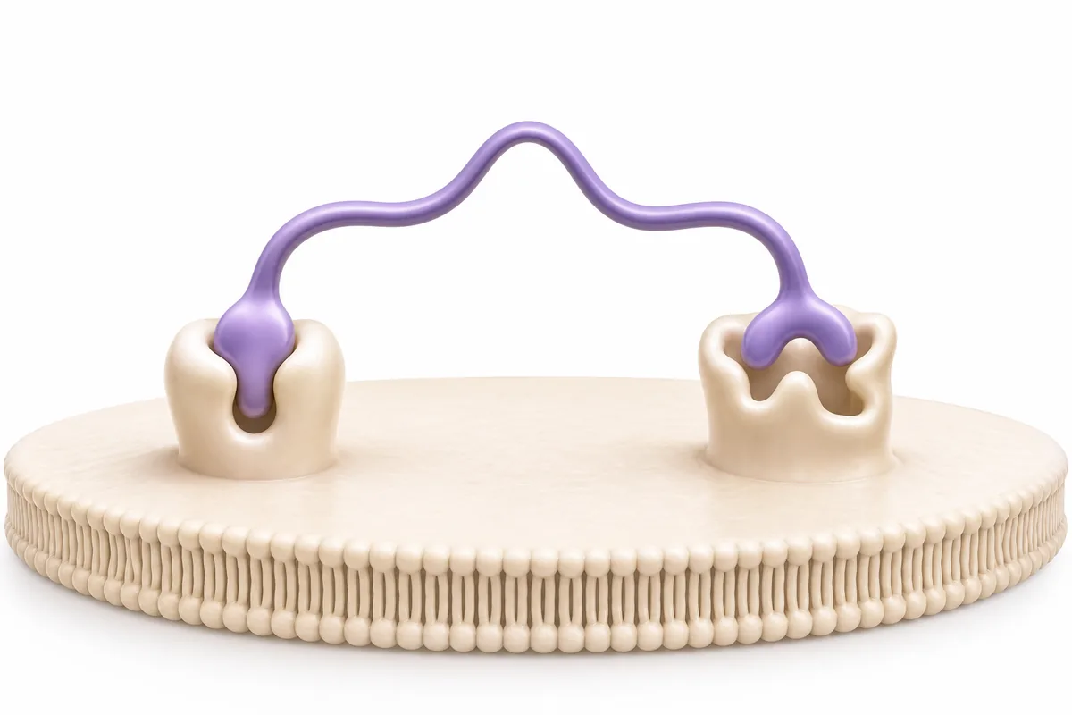 One molecule ribbon splitting into two docking shapes at two receptors, illustrating zenagamtide as a GLP-1 and amylin co-agonist